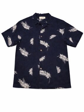 Tommy Bahama 100% Silk Camp Shirt Navy Blue Palm Leaf Hawaiian Button Up Men’s M